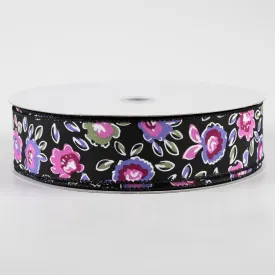 1.5" Electric Flowers Satin Ribbon: Black, Sage, Purple, Pink (50 Yards)