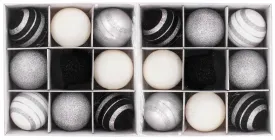 18 Pack of Black, White, and Silver Ball Ornaments with Silver Glitter Enhancement