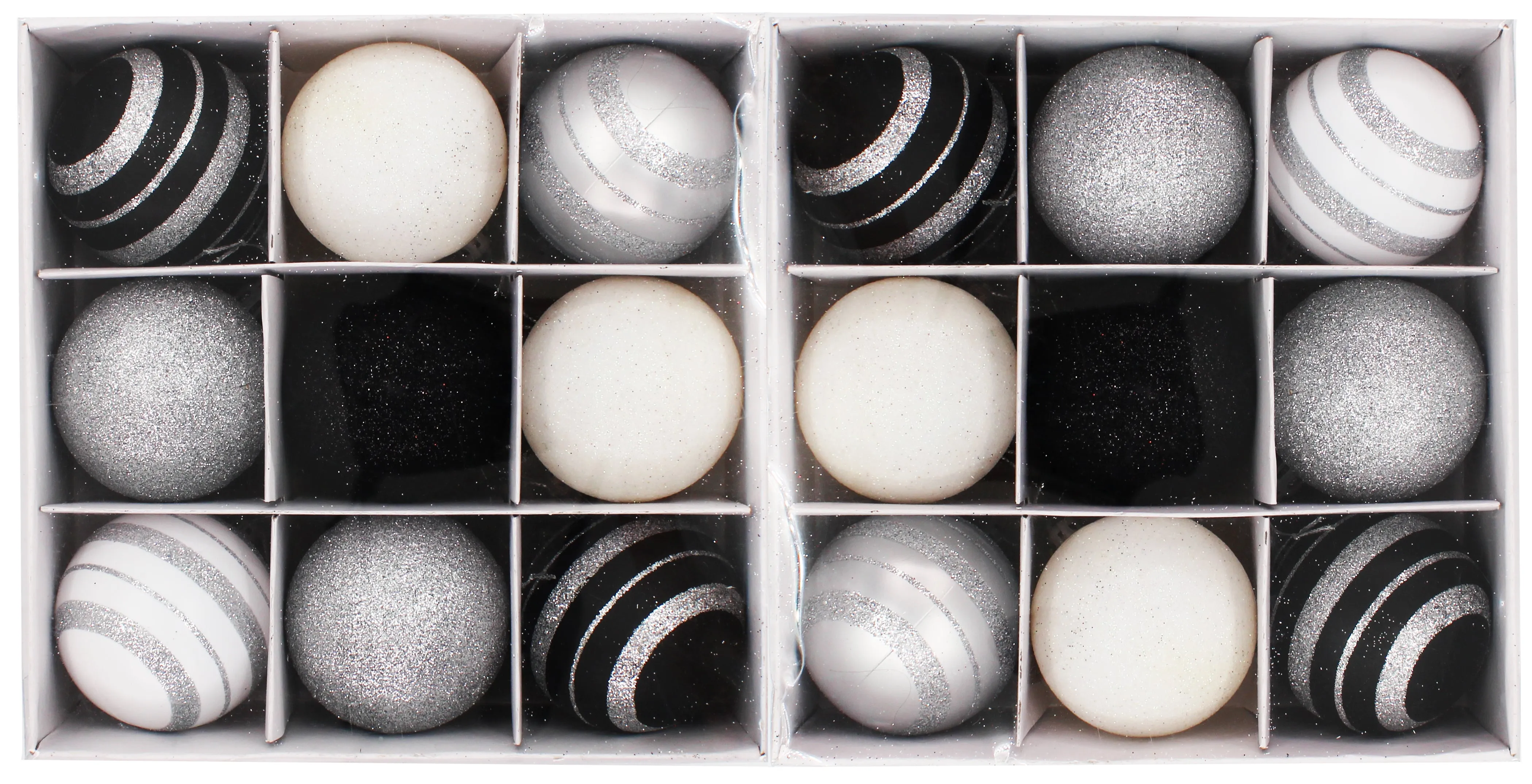 18 Pack of Black, White, and Silver Ball Ornaments with Silver Glitter Enhancement