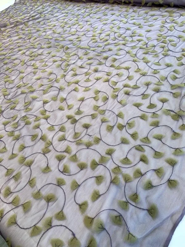 3D Embroidered and Stitched Organza on Polyester Tulle - Dusty Purple / Lime