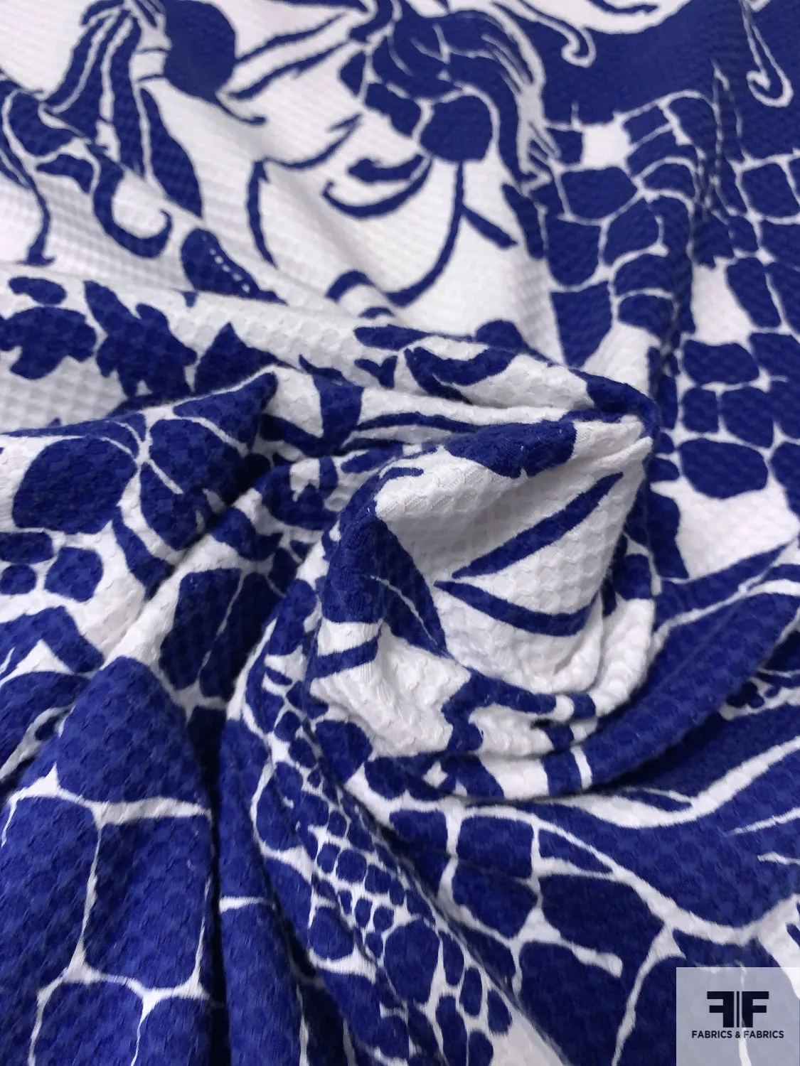 Abstract Collage Printed Stretch Cotton Pique - Navy / White