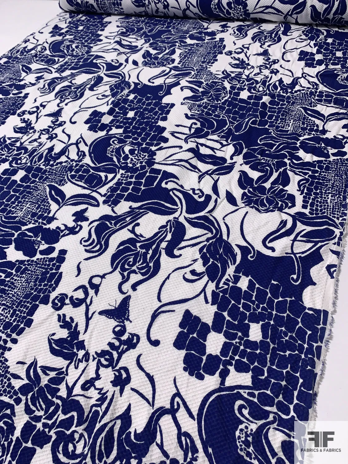 Abstract Collage Printed Stretch Cotton Pique - Navy / White
