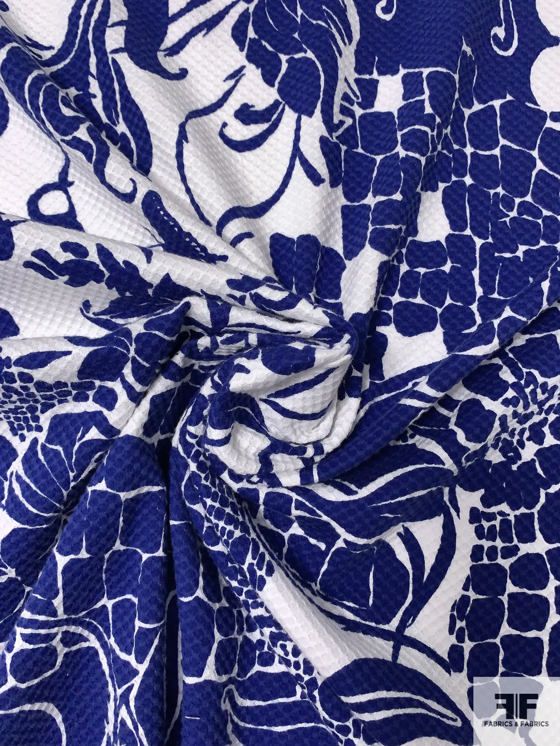 Abstract Collage Printed Stretch Cotton Pique - Navy / White