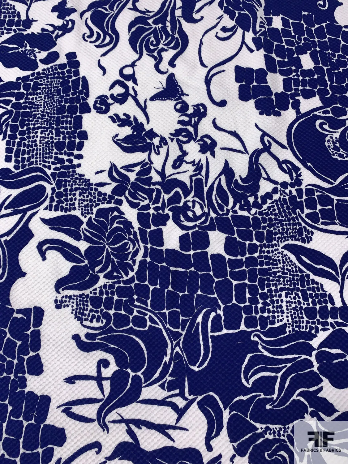 Abstract Collage Printed Stretch Cotton Pique - Navy / White