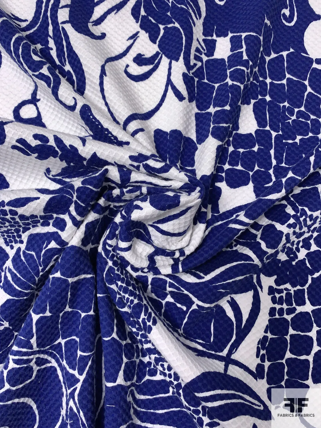 Abstract Collage Printed Stretch Cotton Pique - Navy / White