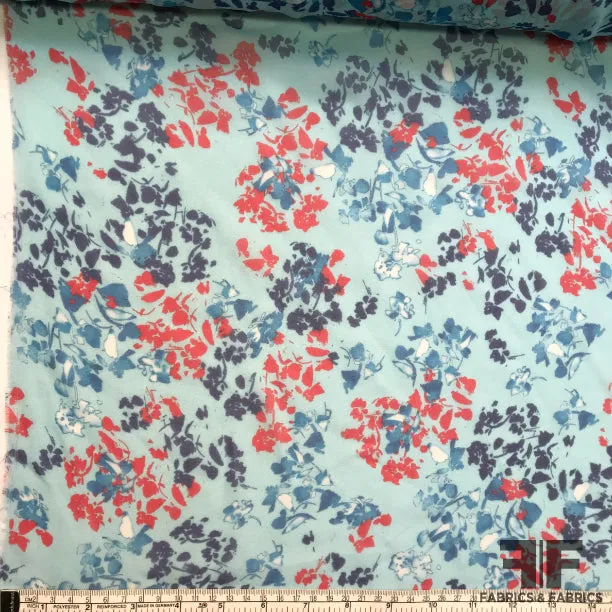 Abstract Floral Printed Silk Chiffon - Blue