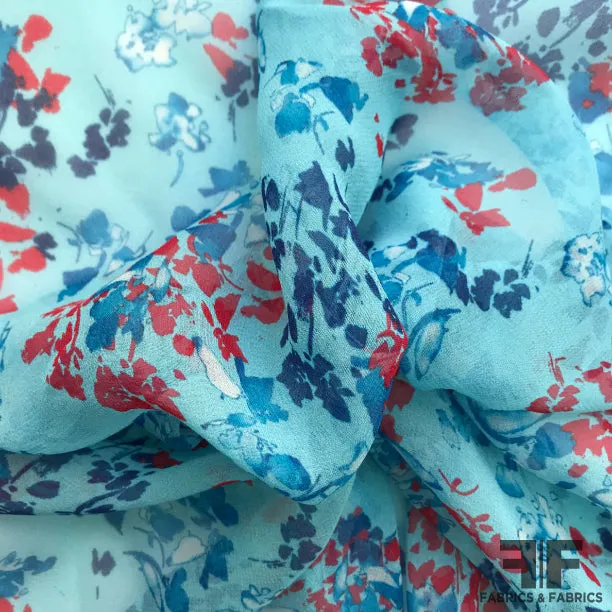 Abstract Floral Printed Silk Chiffon - Blue