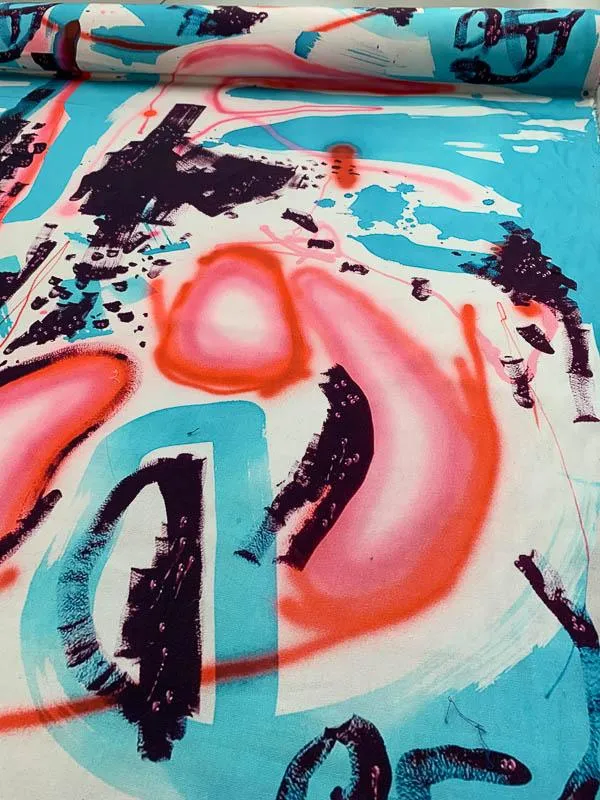 Abstract Graffiti Heavy-Weight Printed Cotton Canvas - Blue / Red / Plum