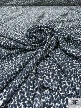 Abstract Printed Fine Polyester Gabardine with Slight Mechanical Stretch - Greyish Blue / Black / Off-White