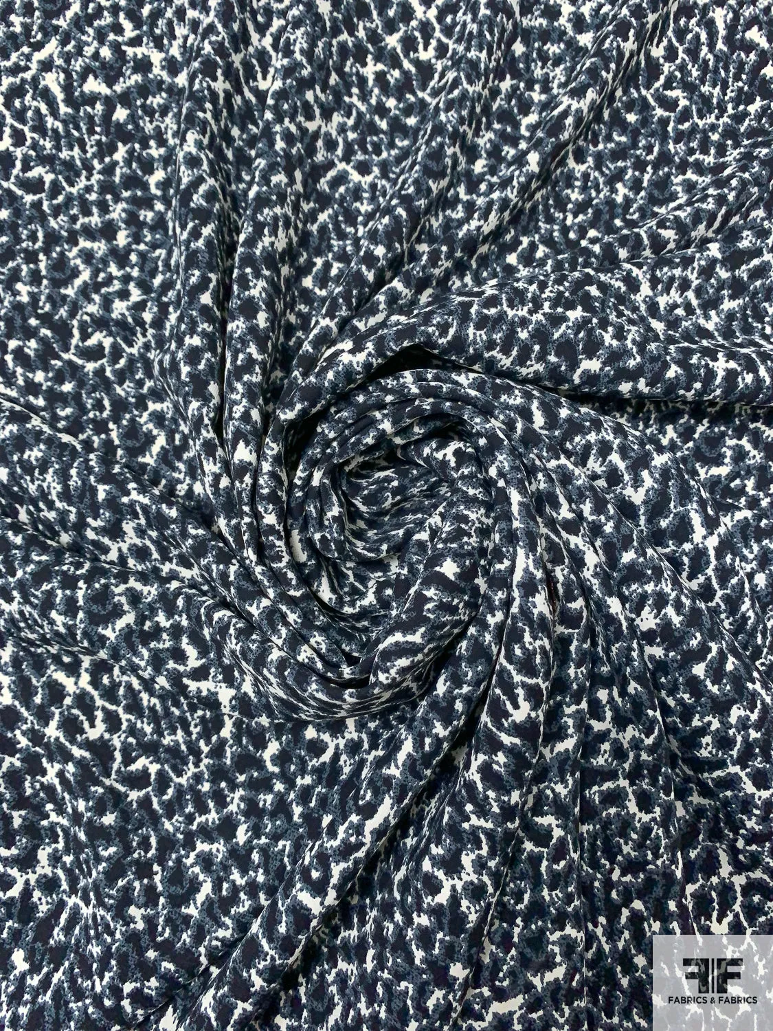 Abstract Printed Fine Polyester Gabardine with Slight Mechanical Stretch - Greyish Blue / Black / Off-White