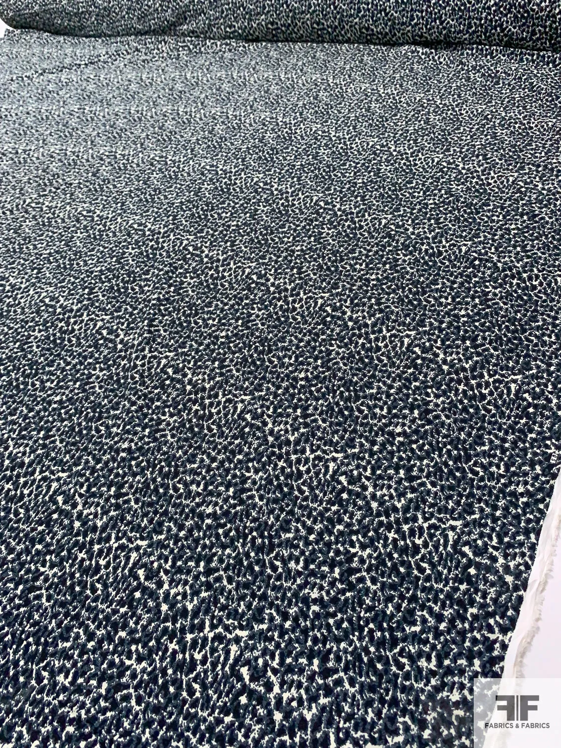 Abstract Printed Fine Polyester Gabardine with Slight Mechanical Stretch - Greyish Blue / Black / Off-White