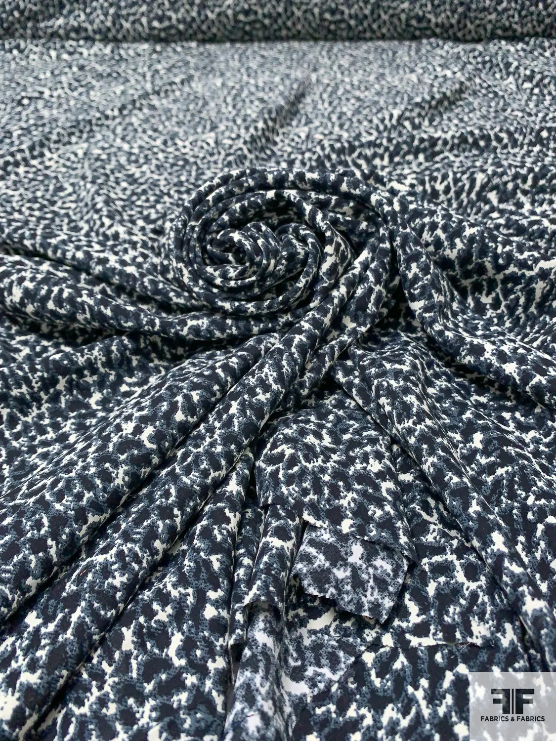 Abstract Printed Fine Polyester Gabardine with Slight Mechanical Stretch - Greyish Blue / Black / Off-White