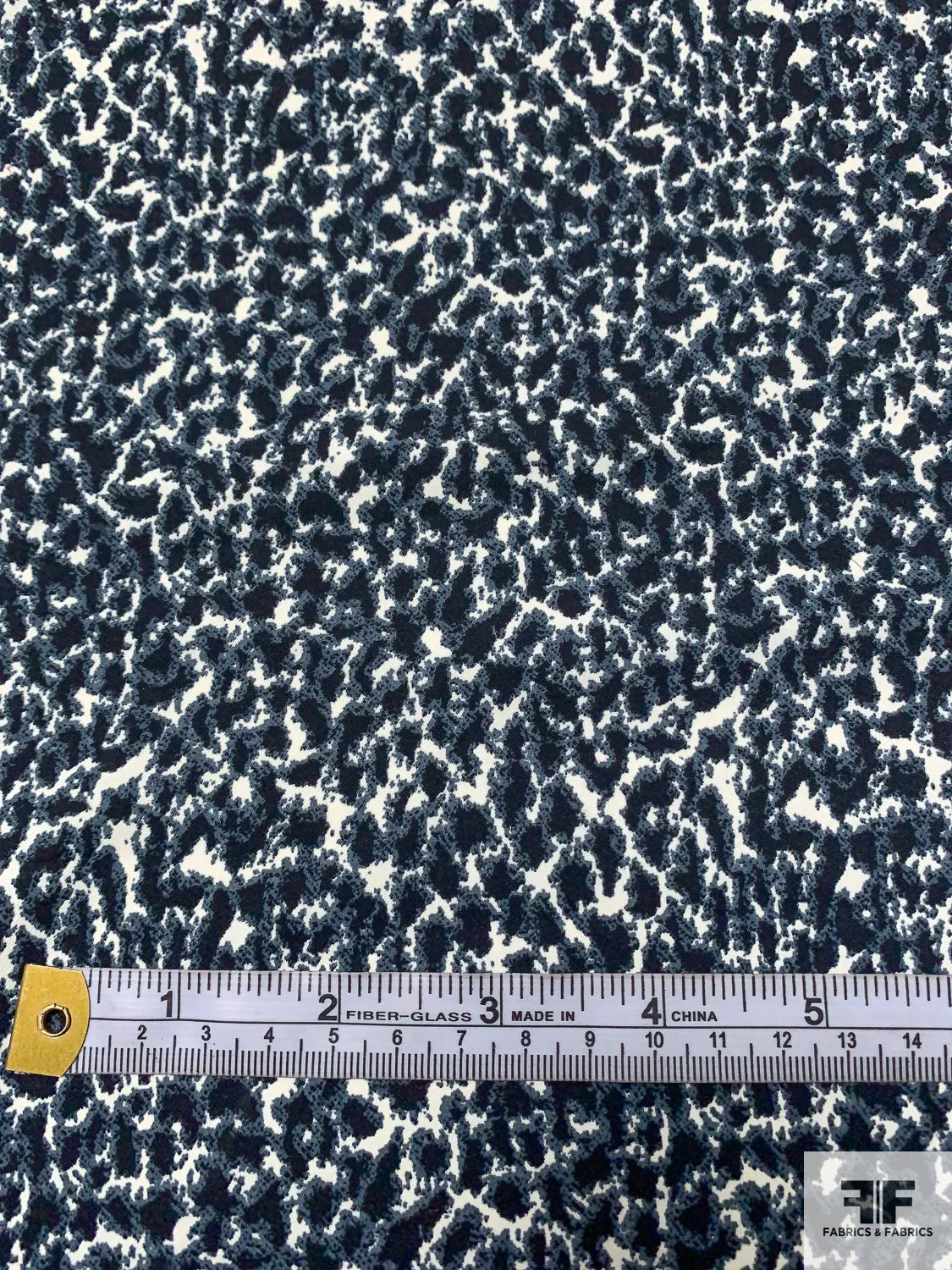 Abstract Printed Fine Polyester Gabardine with Slight Mechanical Stretch - Greyish Blue / Black / Off-White