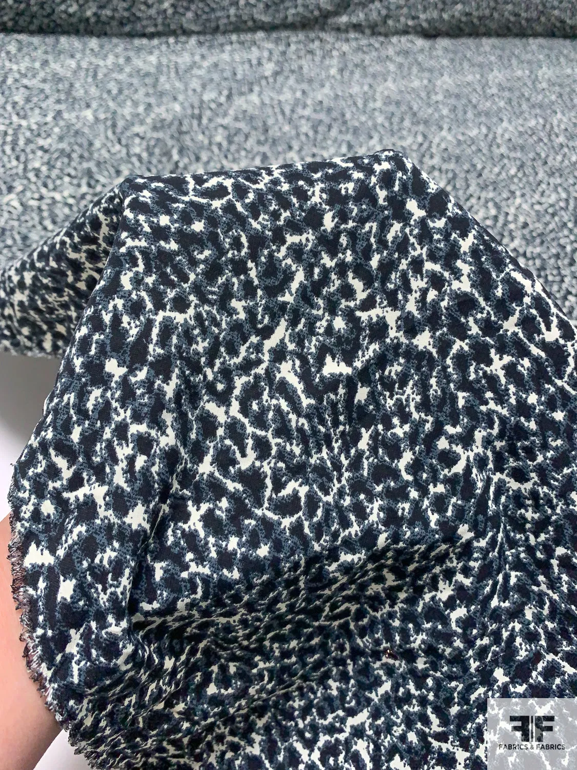 Abstract Printed Fine Polyester Gabardine with Slight Mechanical Stretch - Greyish Blue / Black / Off-White