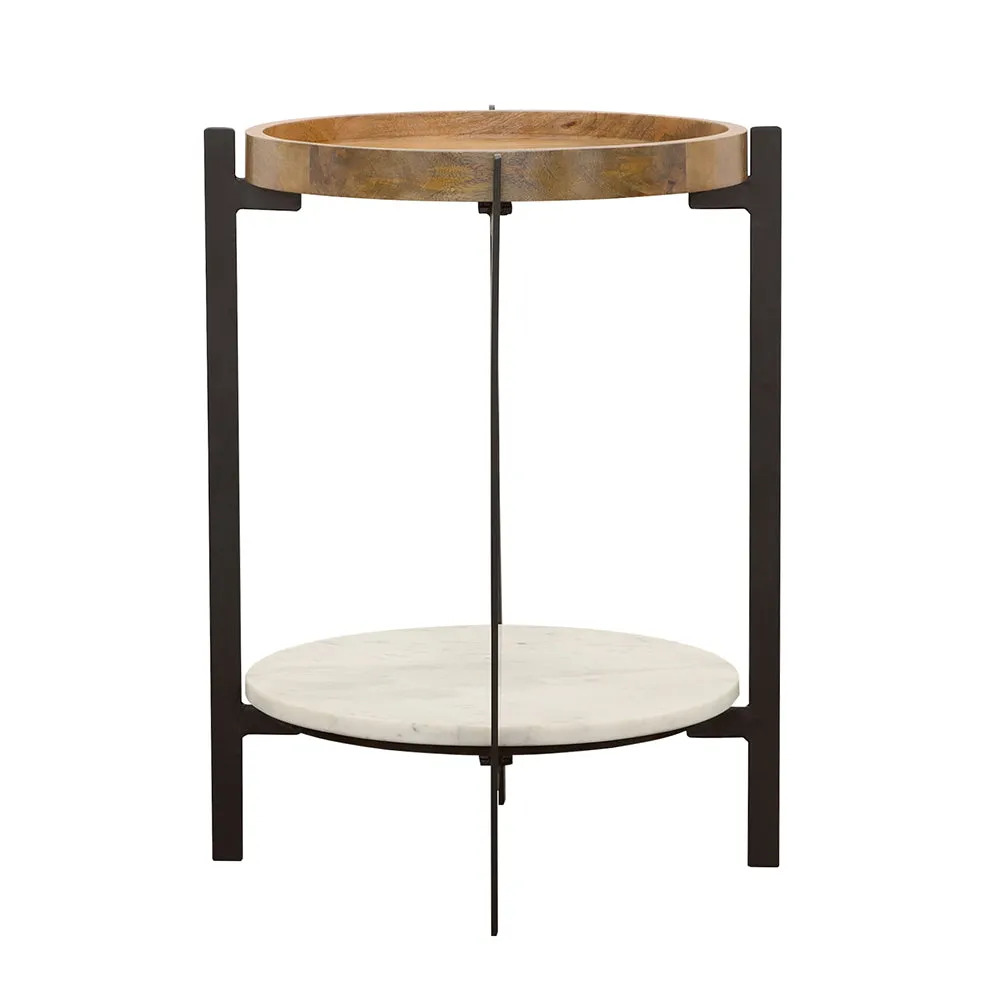 Adhvik Round Side Table with Marble Shelf Natural and Black