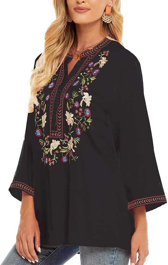 AK Embroidered Tops for Women 3/4 Sleeve Bohemian Mexican Floral Peasant Shirts Loose Tunic Blouses