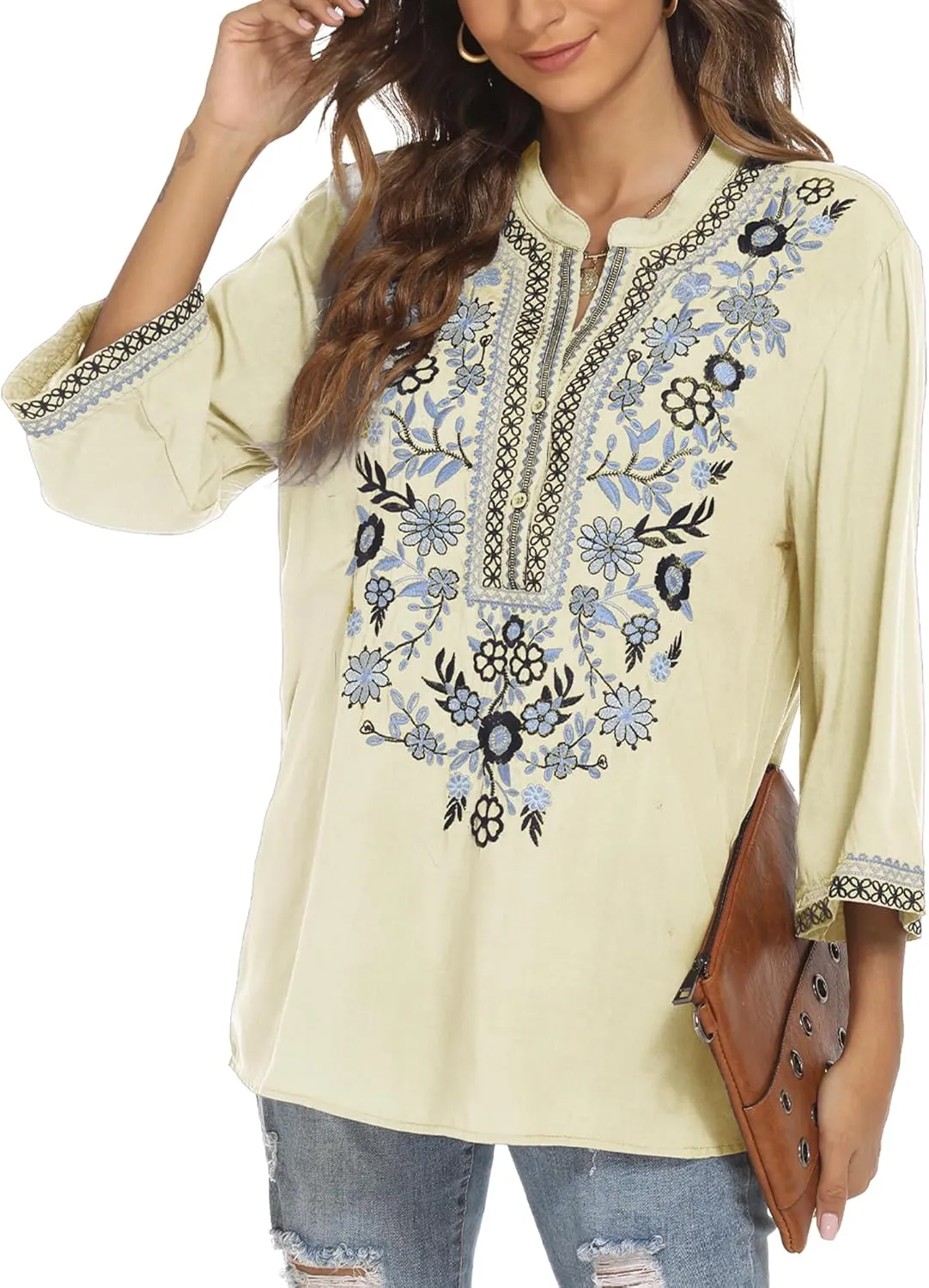 AK Embroidered Tops for Women 3/4 Sleeve Bohemian Mexican Floral Peasant Shirts Loose Tunic Blouses