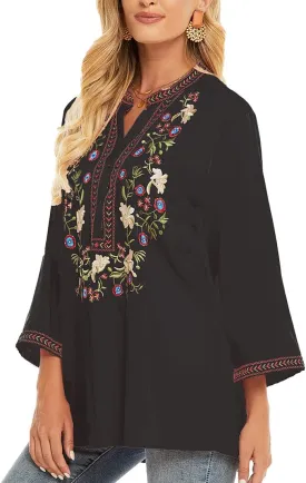 AK Embroidered Tops for Women 3/4 Sleeve Bohemian Mexican Floral Peasant Shirts Loose Tunic Blouses