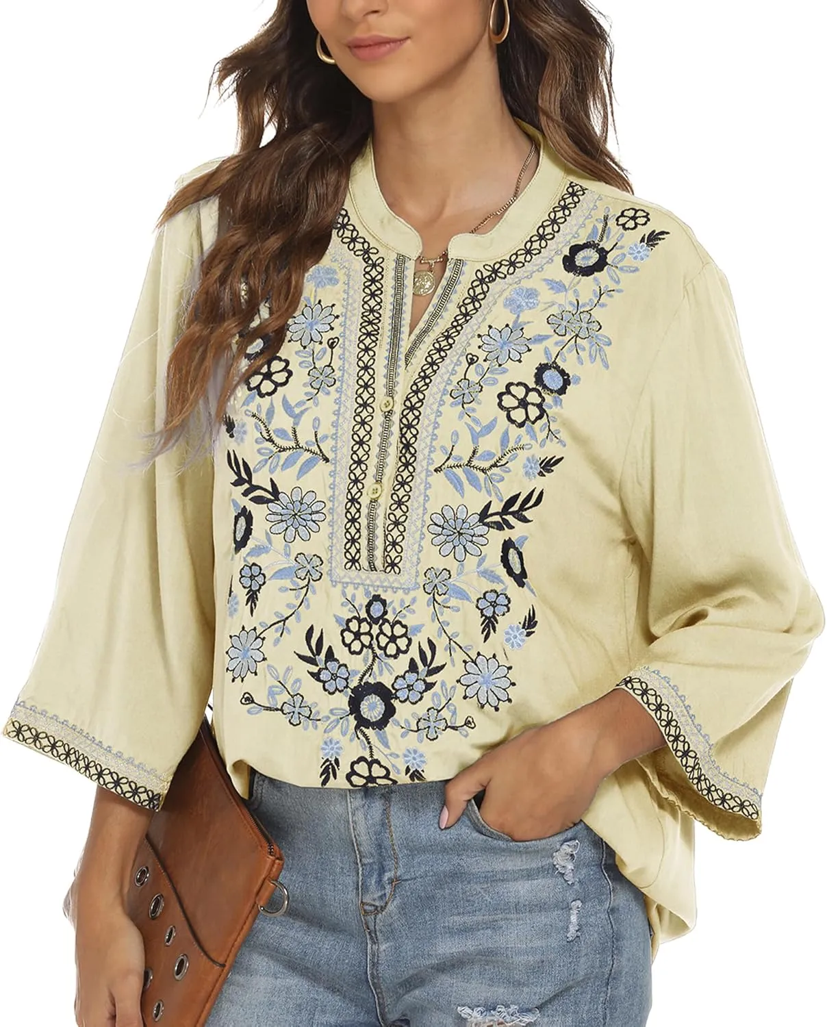 AK Embroidered Tops for Women 3/4 Sleeve Bohemian Mexican Floral Peasant Shirts Loose Tunic Blouses