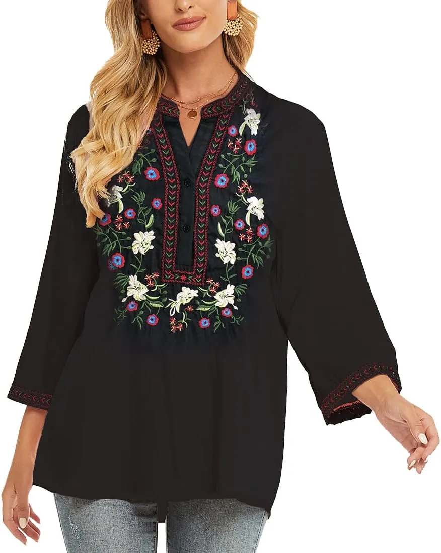 AK Embroidered Tops for Women 3/4 Sleeve Bohemian Mexican Floral Peasant Shirts Loose Tunic Blouses