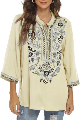 AK Embroidered Tops for Women 3/4 Sleeve Bohemian Mexican Floral Peasant Shirts Loose Tunic Blouses
