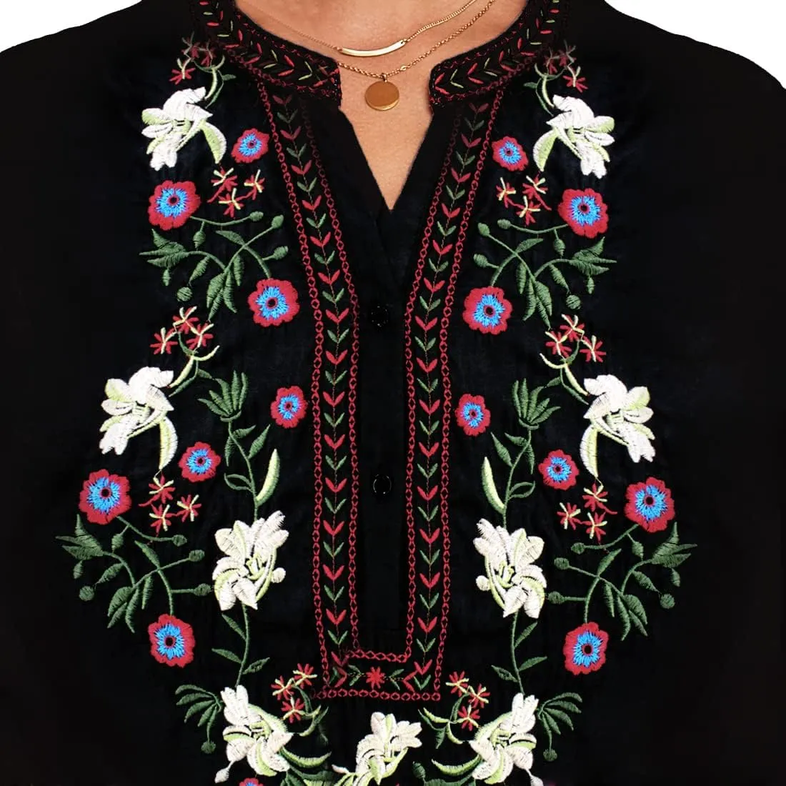 AK Embroidered Tops for Women 3/4 Sleeve Bohemian Mexican Floral Peasant Shirts Loose Tunic Blouses
