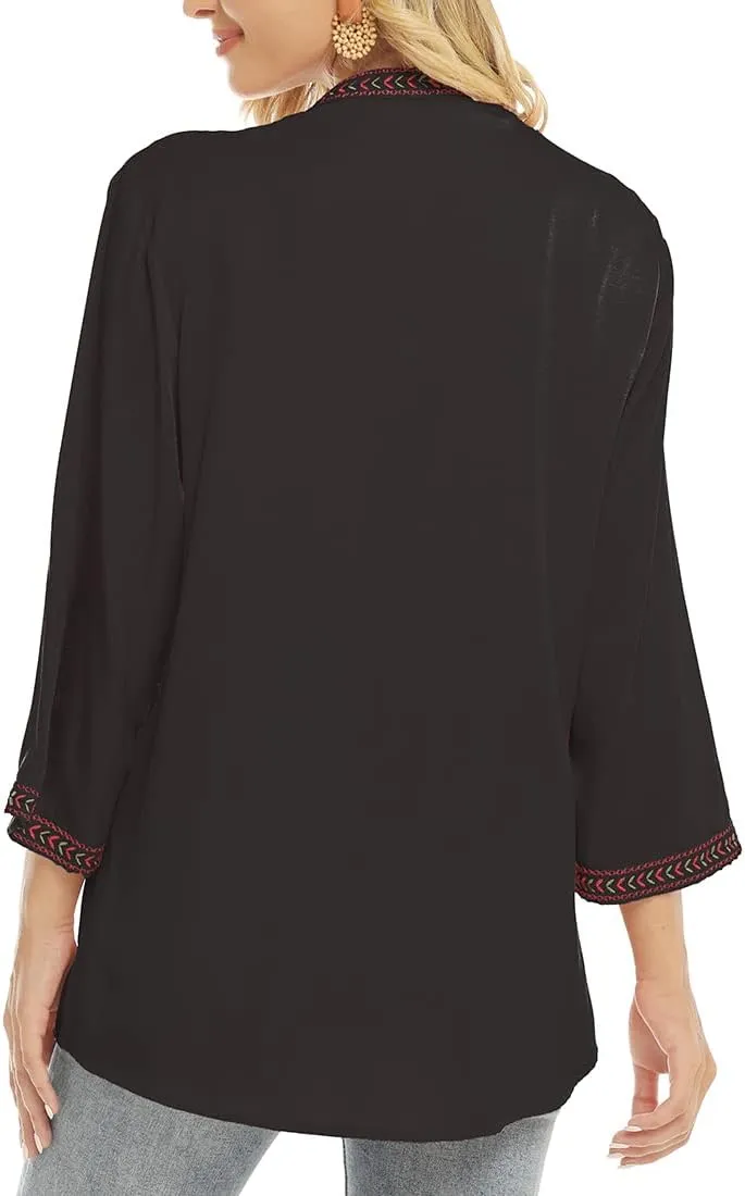AK Embroidered Tops for Women 3/4 Sleeve Bohemian Mexican Floral Peasant Shirts Loose Tunic Blouses