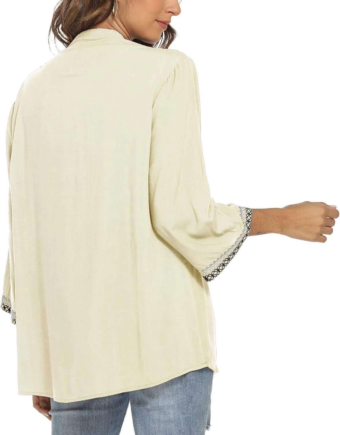 AK Embroidered Tops for Women 3/4 Sleeve Bohemian Mexican Floral Peasant Shirts Loose Tunic Blouses