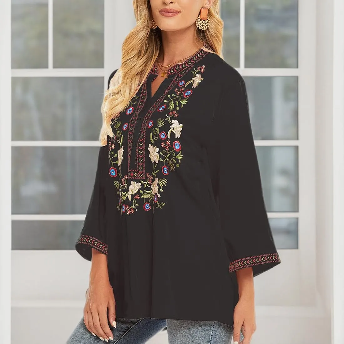 AK Embroidered Tops for Women 3/4 Sleeve Bohemian Mexican Floral Peasant Shirts Loose Tunic Blouses