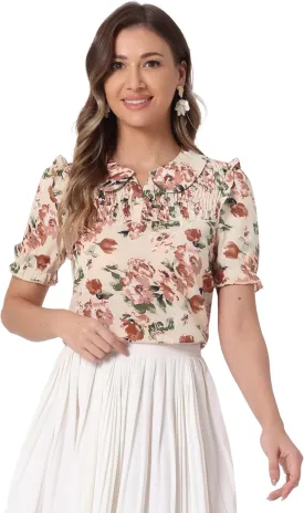 Allegra K Peter Pan Collar Tops for Women's Puff Short Sleeve Ruffle Vintage Smocked Floral Blouse