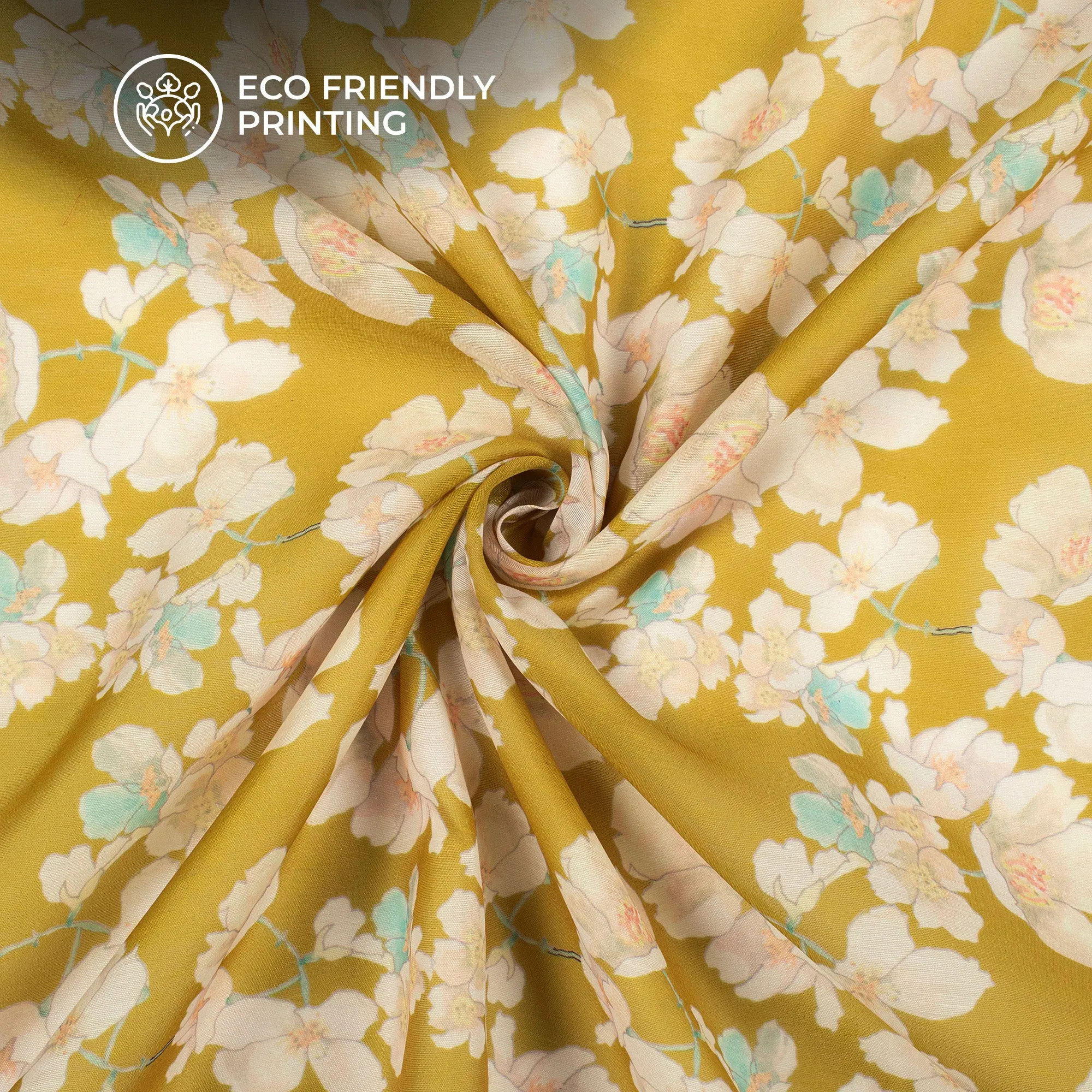 Amber Yellow Floral Digital Print Chanderi Fabric