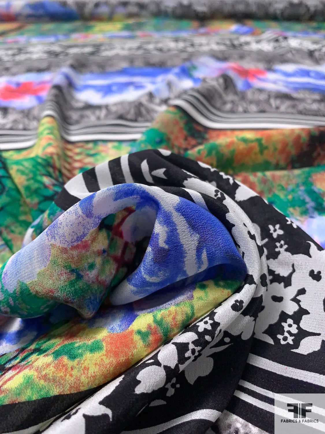 Animal Pattern and Floral Printed Silk Crepe de Chine - Multicolor
