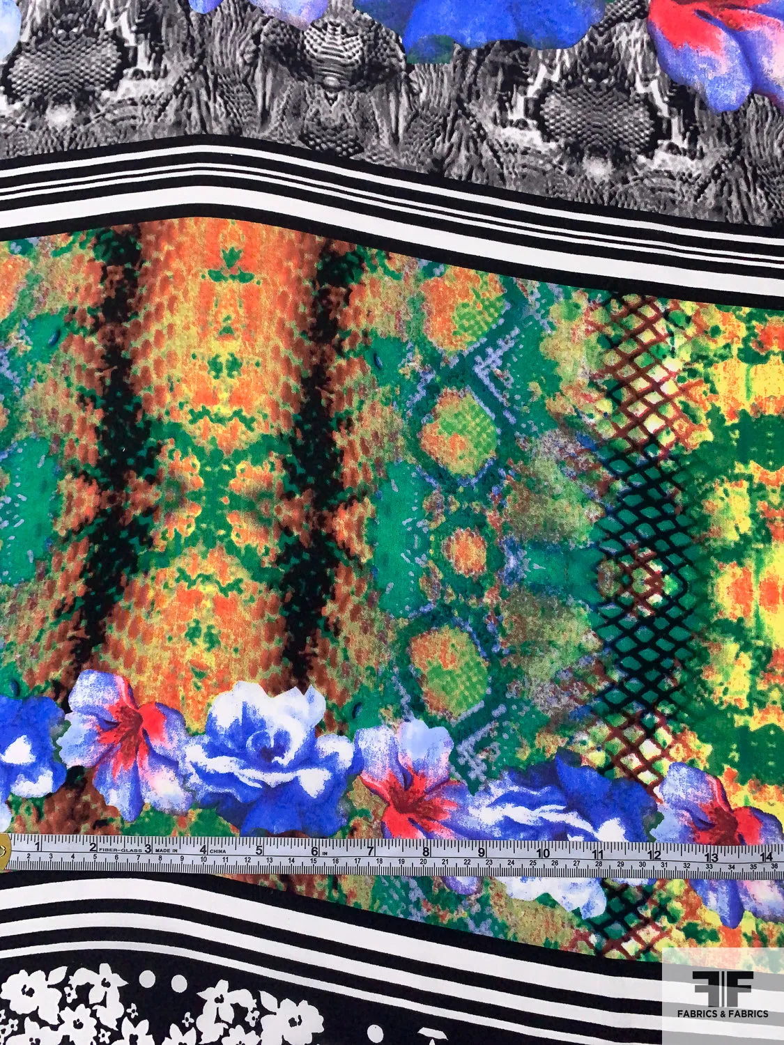 Animal Pattern and Floral Printed Silk Crepe de Chine - Multicolor