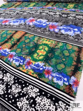 Animal Pattern and Floral Printed Silk Crepe de Chine - Multicolor