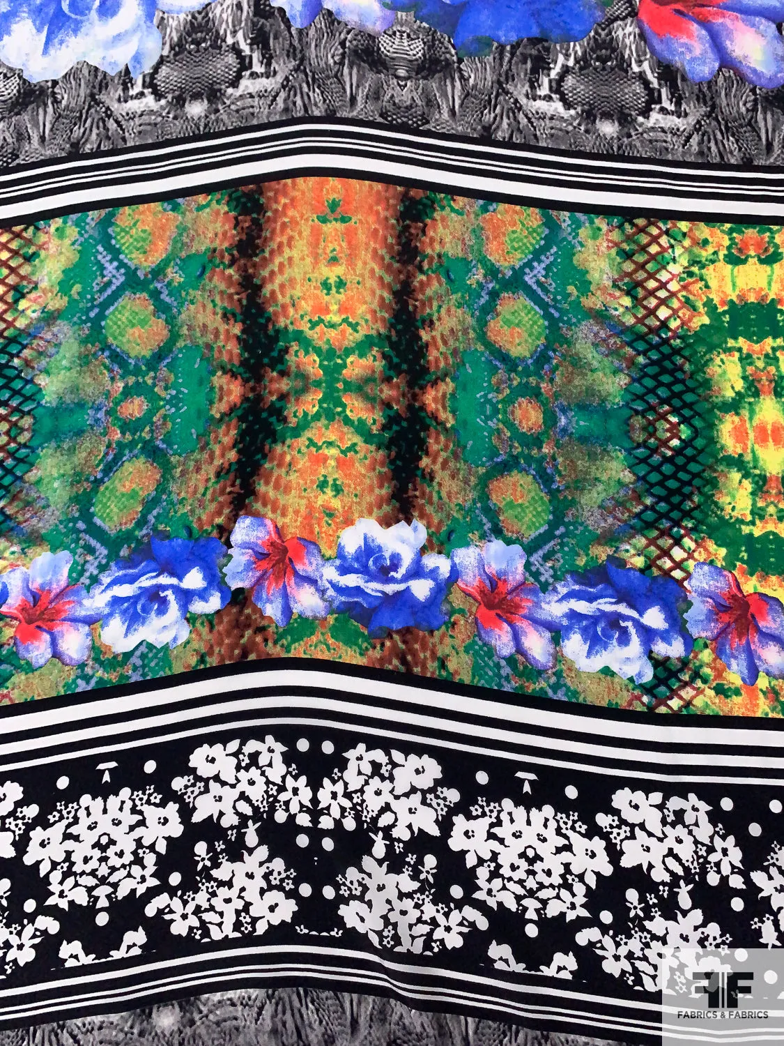 Animal Pattern and Floral Printed Silk Crepe de Chine - Multicolor