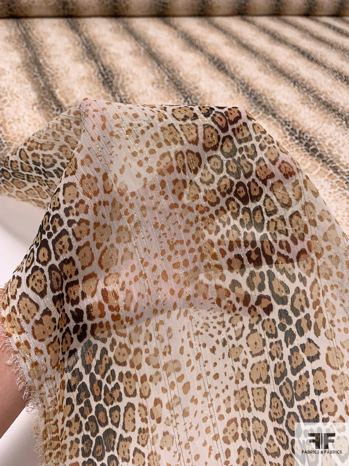 Animal Pattern Printed Polyester Chiffon with Lurex Pinstripes - Caramel / Brown / Black / Off-White / Gold / Silver