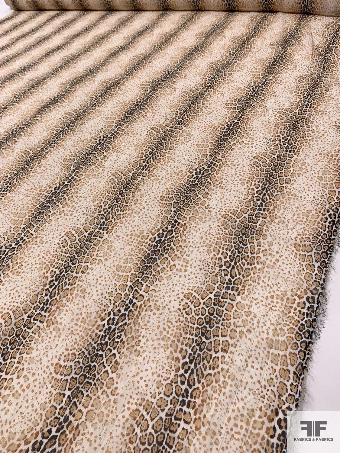 Animal Pattern Printed Polyester Chiffon with Lurex Pinstripes - Caramel / Brown / Black / Off-White / Gold / Silver
