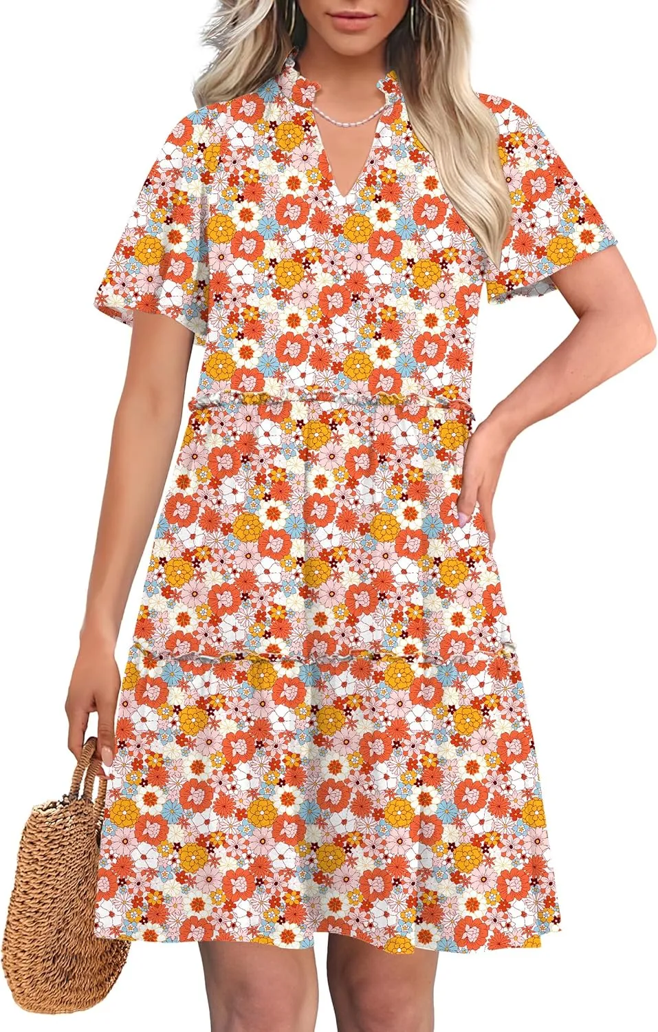 ANRABESS Womens Summer Casual Short Sleeve V Neck A line Tunic Dress Flowy Tiered Babydoll Mini Dress Beach Vacation Outfits