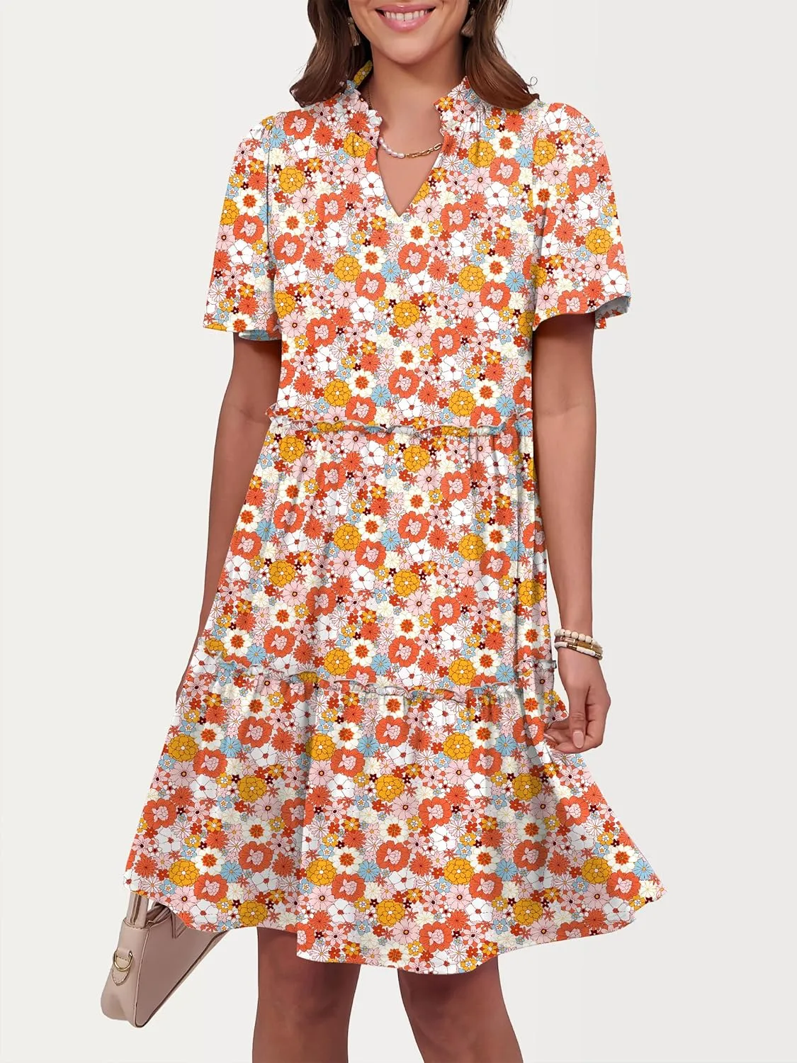 ANRABESS Womens Summer Casual Short Sleeve V Neck A line Tunic Dress Flowy Tiered Babydoll Mini Dress Beach Vacation Outfits