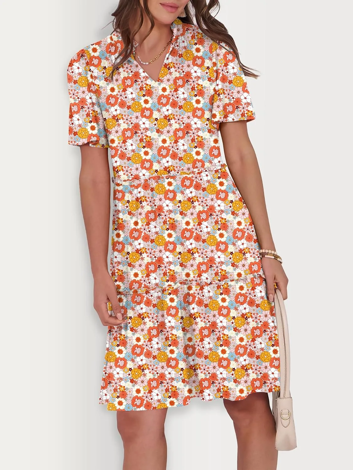 ANRABESS Womens Summer Casual Short Sleeve V Neck A line Tunic Dress Flowy Tiered Babydoll Mini Dress Beach Vacation Outfits