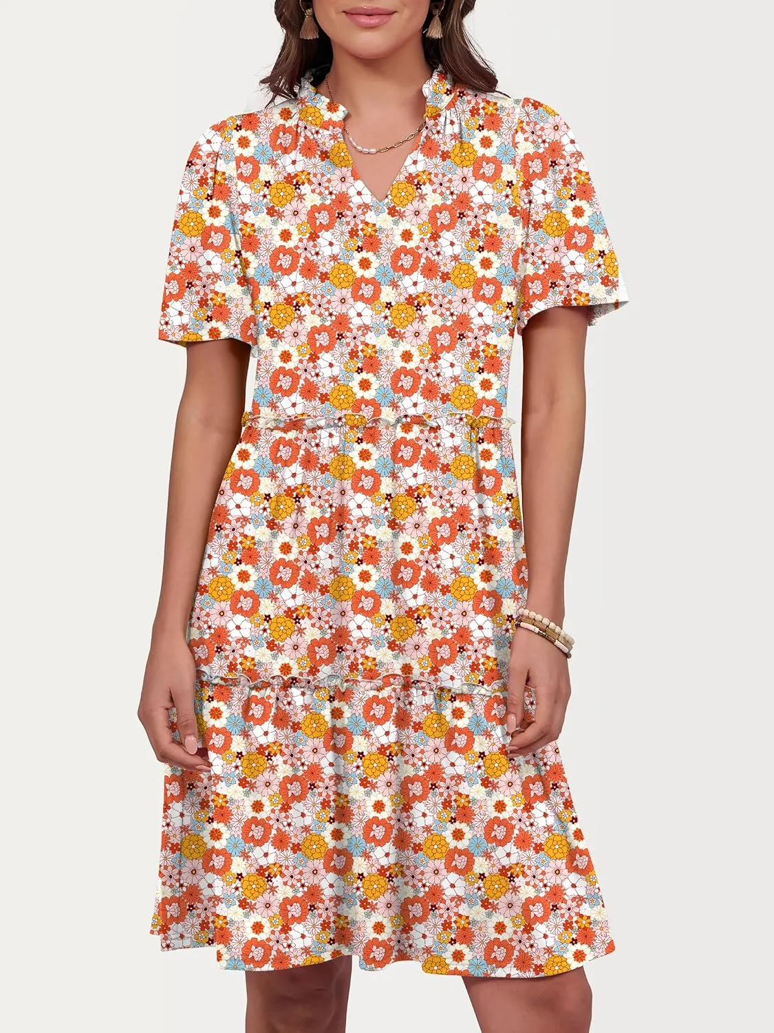 ANRABESS Womens Summer Casual Short Sleeve V Neck A line Tunic Dress Flowy Tiered Babydoll Mini Dress Beach Vacation Outfits