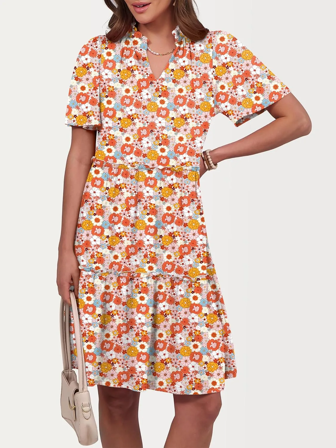 ANRABESS Womens Summer Casual Short Sleeve V Neck A line Tunic Dress Flowy Tiered Babydoll Mini Dress Beach Vacation Outfits