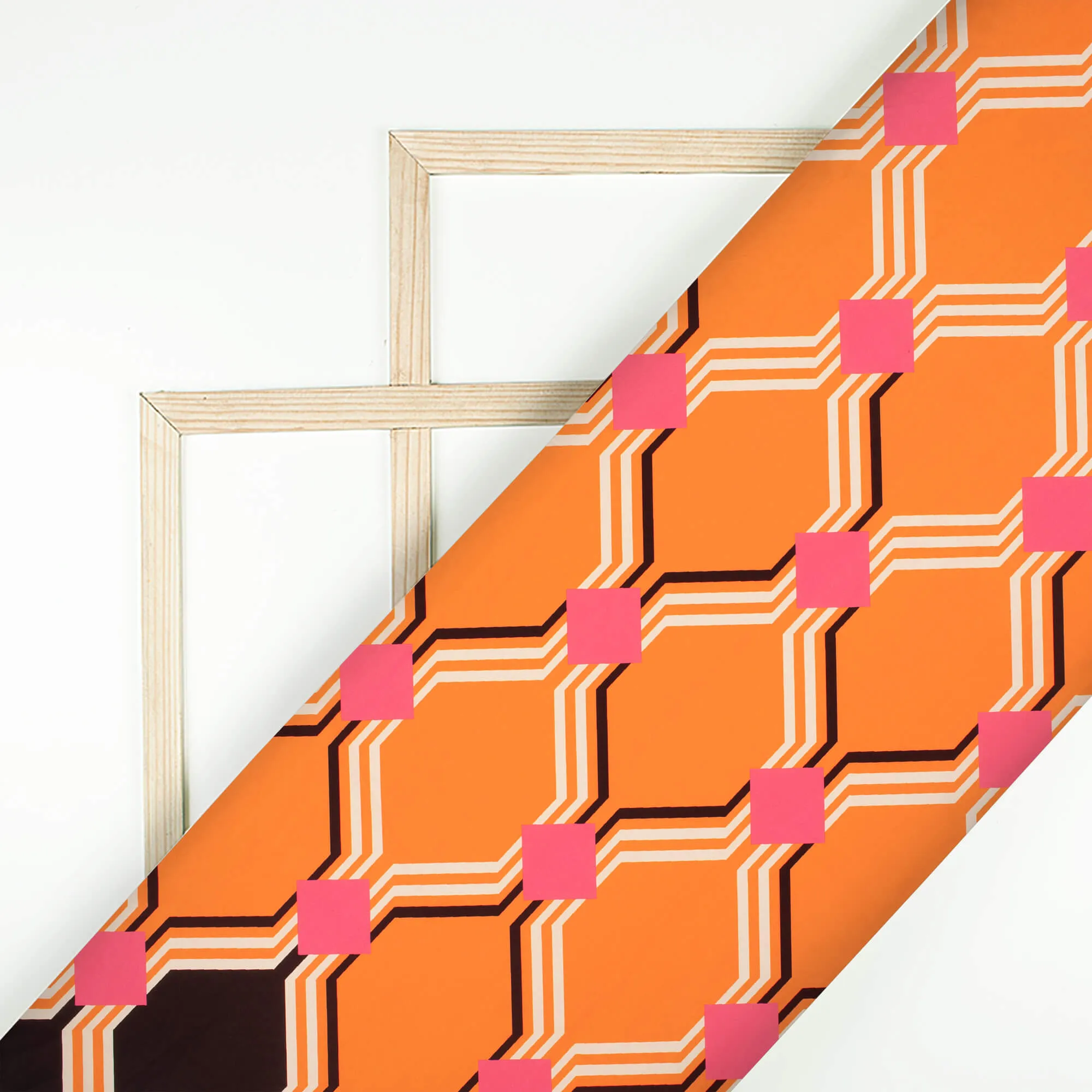 Apricot Orange And Hot Pink Geometric Pattern Digital Print Vintage Crepe Fabric (Width 56 Inches)