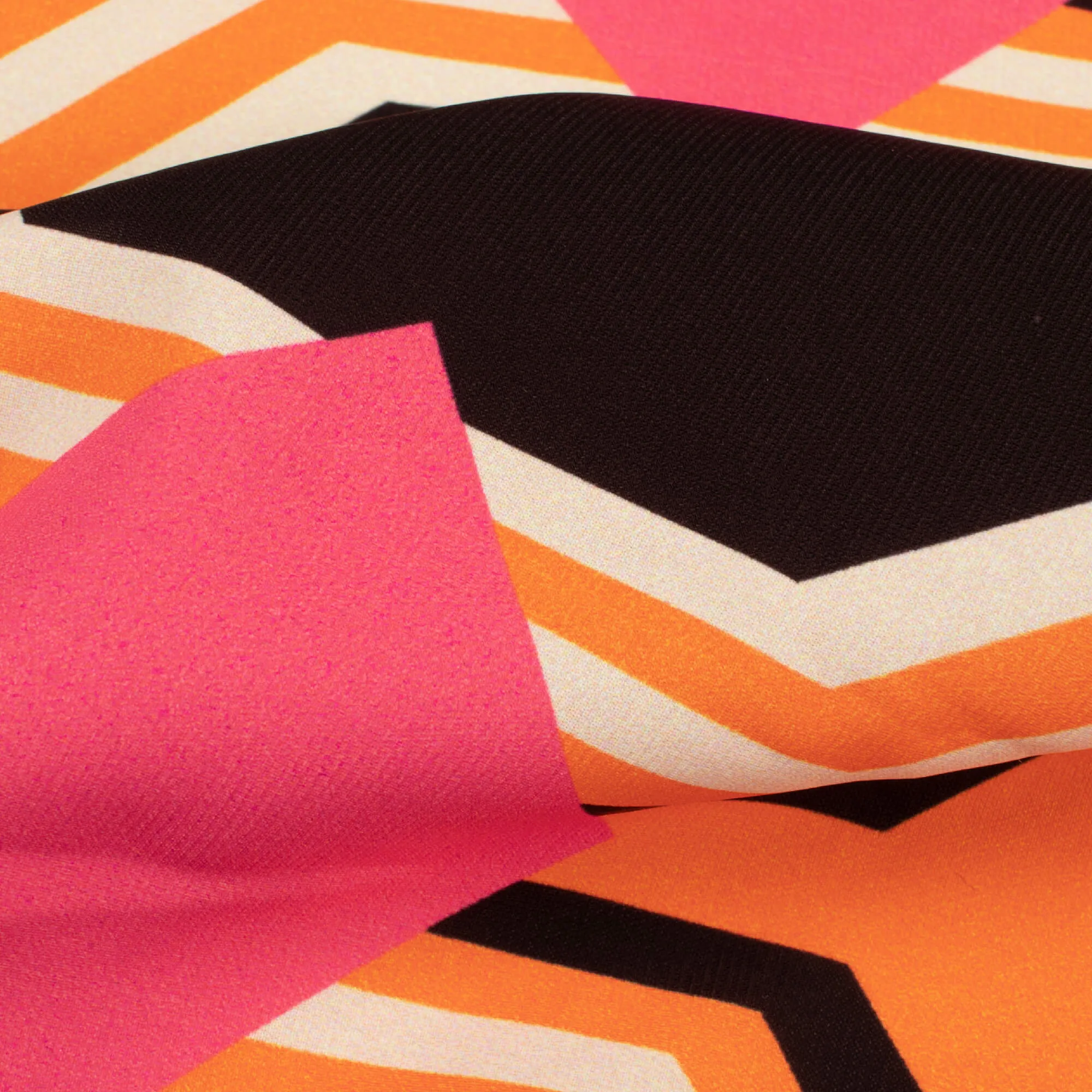 Apricot Orange And Hot Pink Geometric Pattern Digital Print Vintage Crepe Fabric (Width 56 Inches)