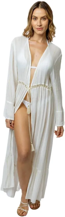 Back From Bali Womens Long Open Front Kimono Cardigan Cream White Boho Flowy Swimsuit Coverup Rayon Duster Small Medium