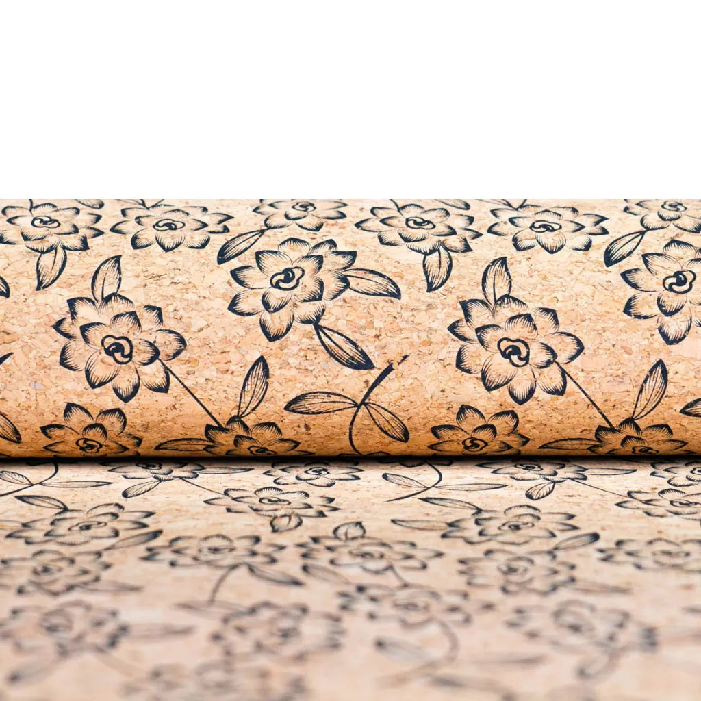 Baroque Elegance: Black flowers Pattern Cork Fabric COF-503
