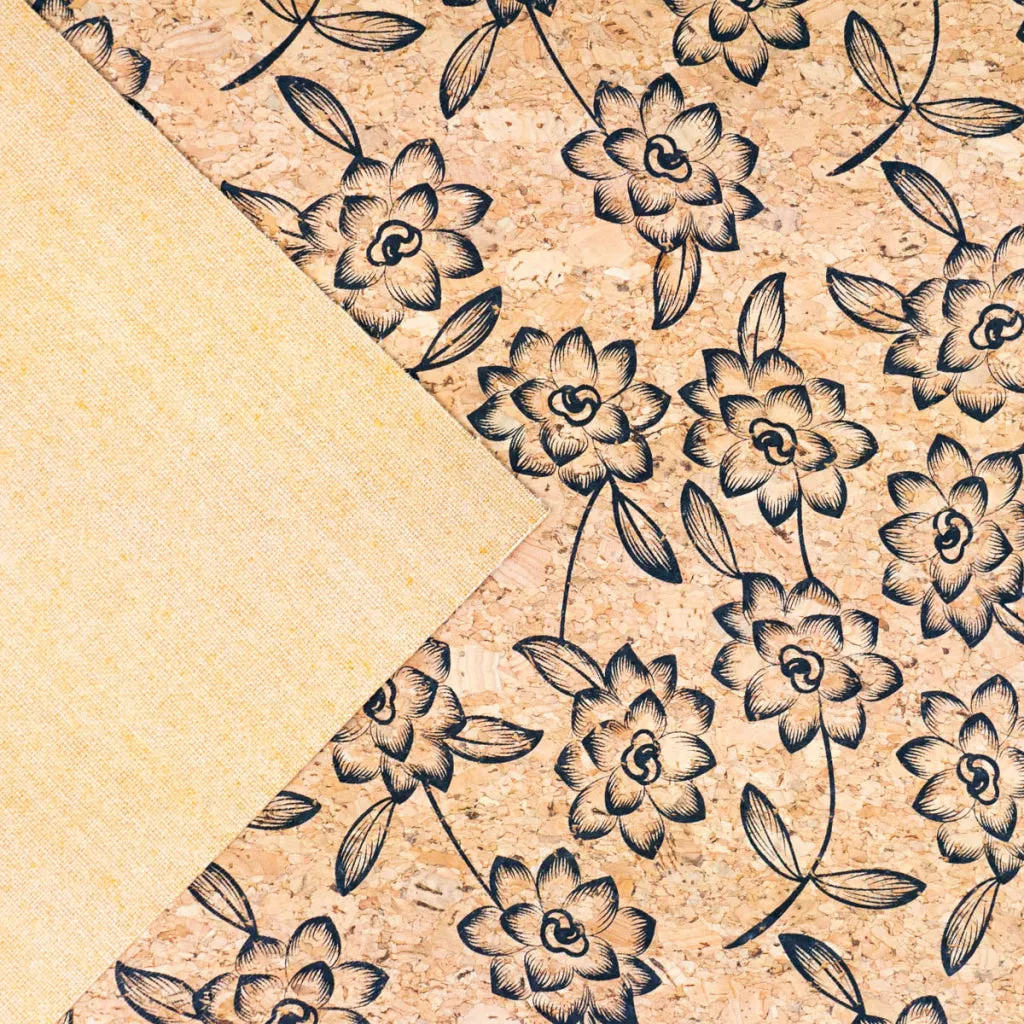 Baroque Elegance: Black flowers Pattern Cork Fabric COF-503