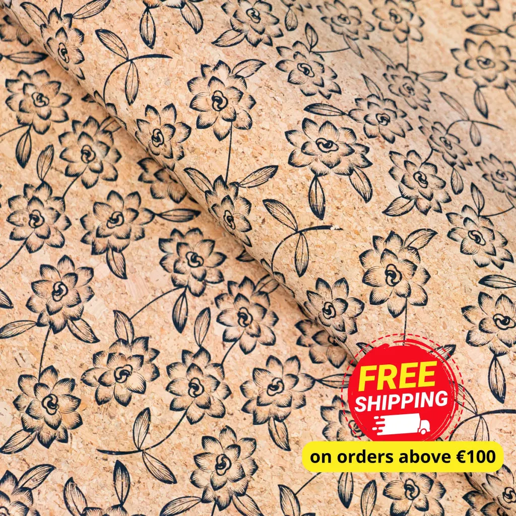 Baroque Elegance: Black flowers Pattern Cork Fabric COF-503