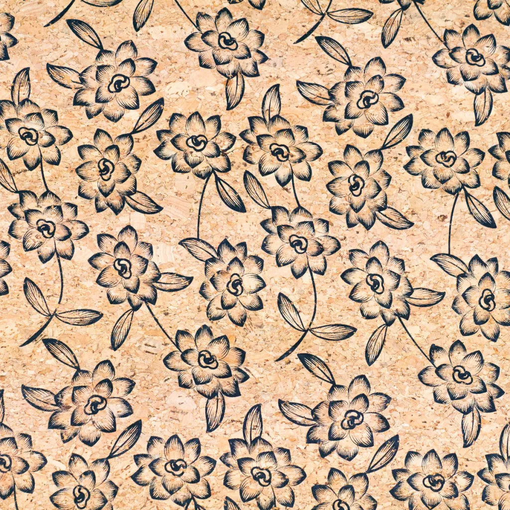 Baroque Elegance: Black flowers Pattern Cork Fabric COF-503