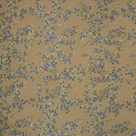 Beige and Blue Sequined Floral Embroidered Tulle Fabric